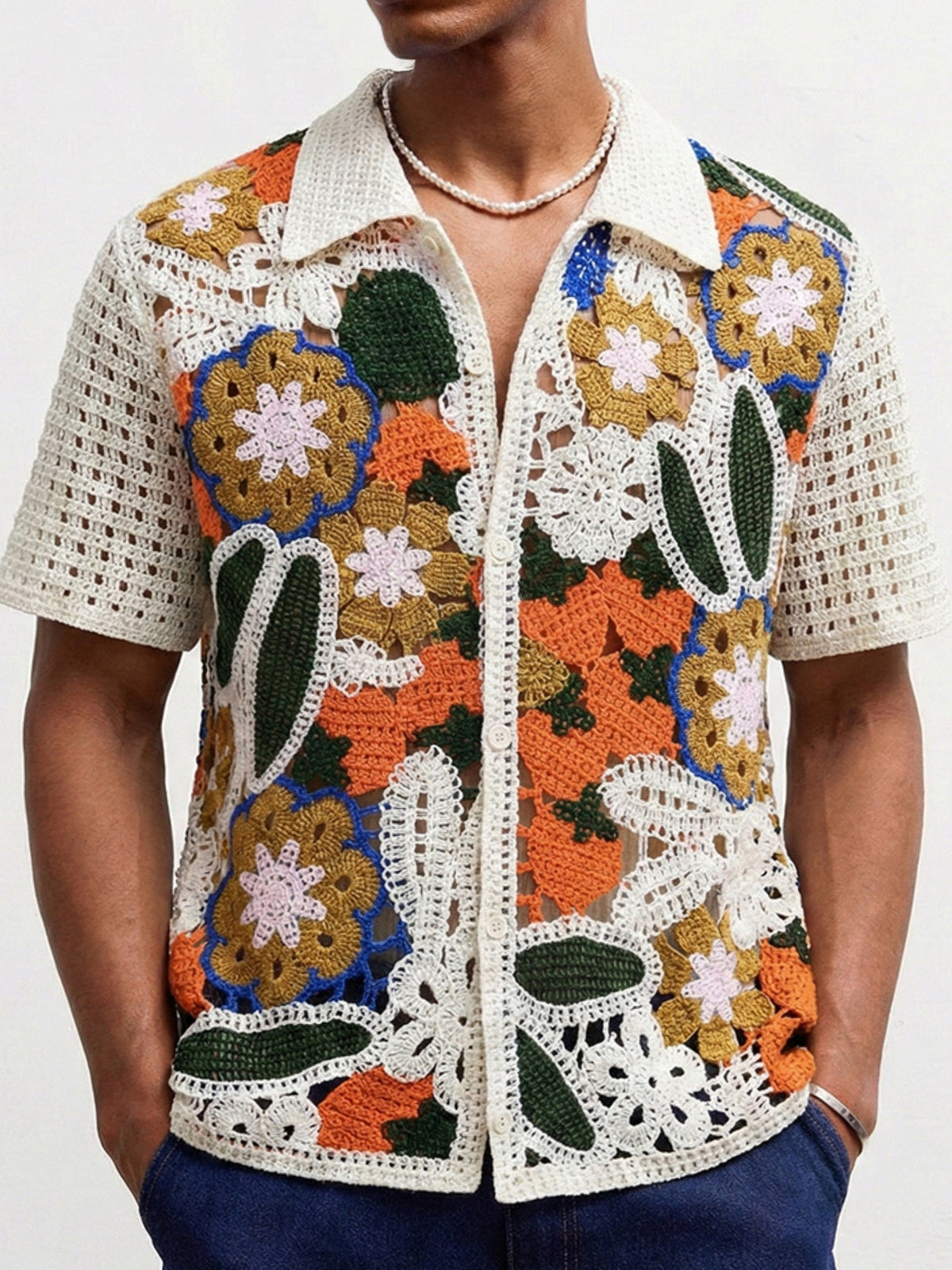 Manual Crochet Hollow Ethnic Style Jacquard POLO Shirt