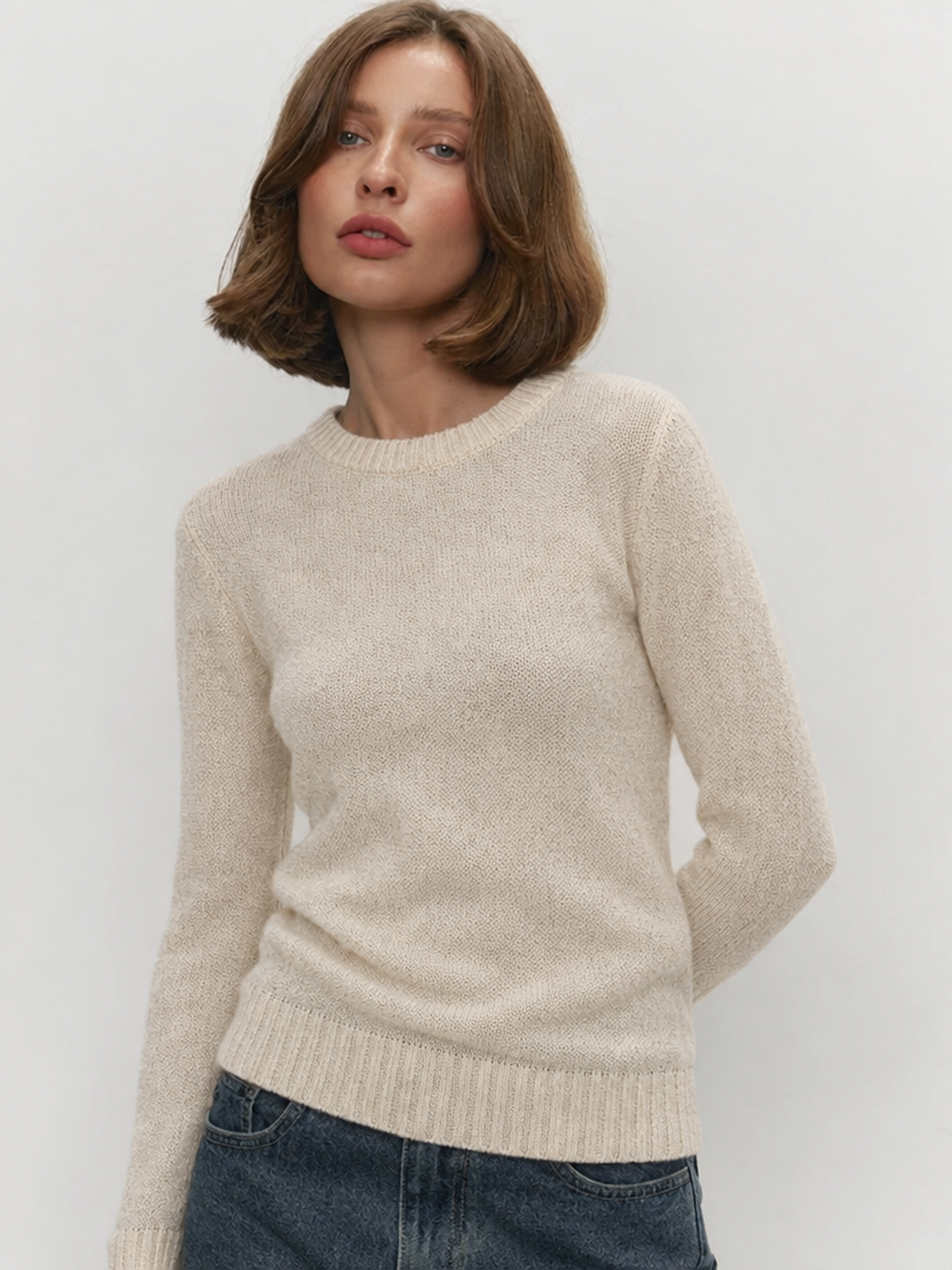Mohair Crew Neck Pullover Sweater, Semi-sheer Base Layer Sweater