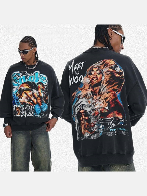 Retro Sports Printed Washing Old Crew Neck Sweatshirt