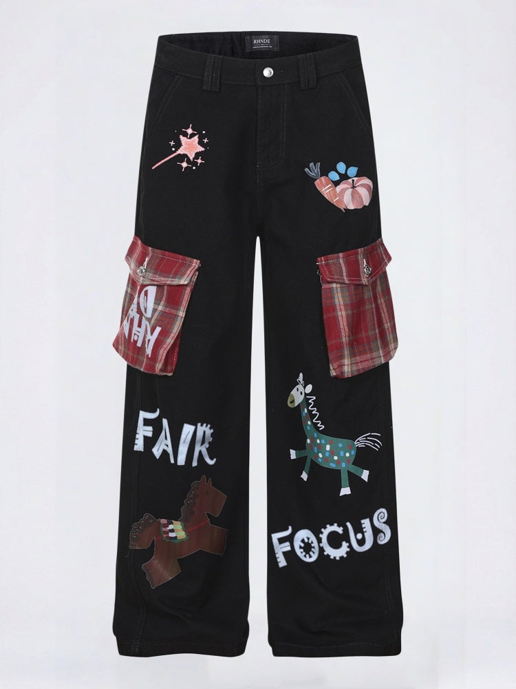 Plaid Color-blocked Cartoon Straight-fit Jeans