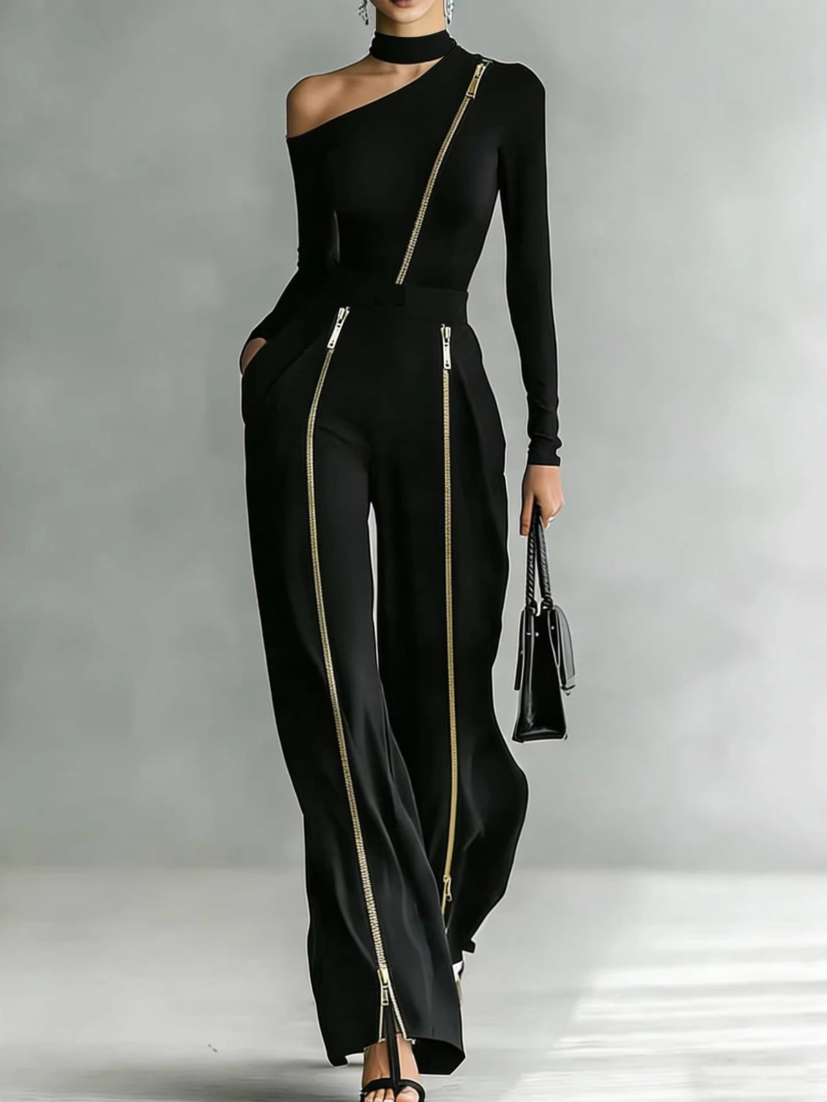 Black Double-zipper Trendy Off-shoulder Long-sleeved Top Two-piece Set