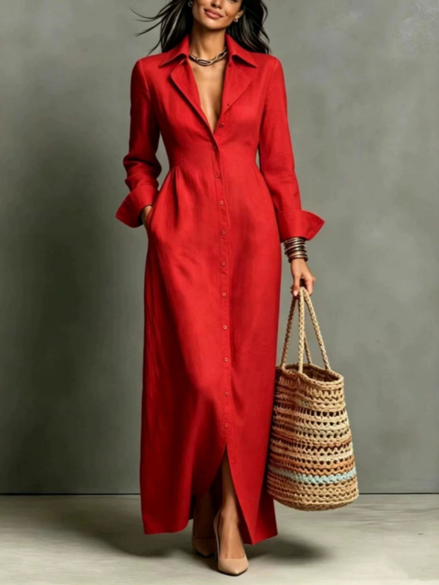 Casual Pocket Solid Color Button-Down Collar Long Sleeve Dress