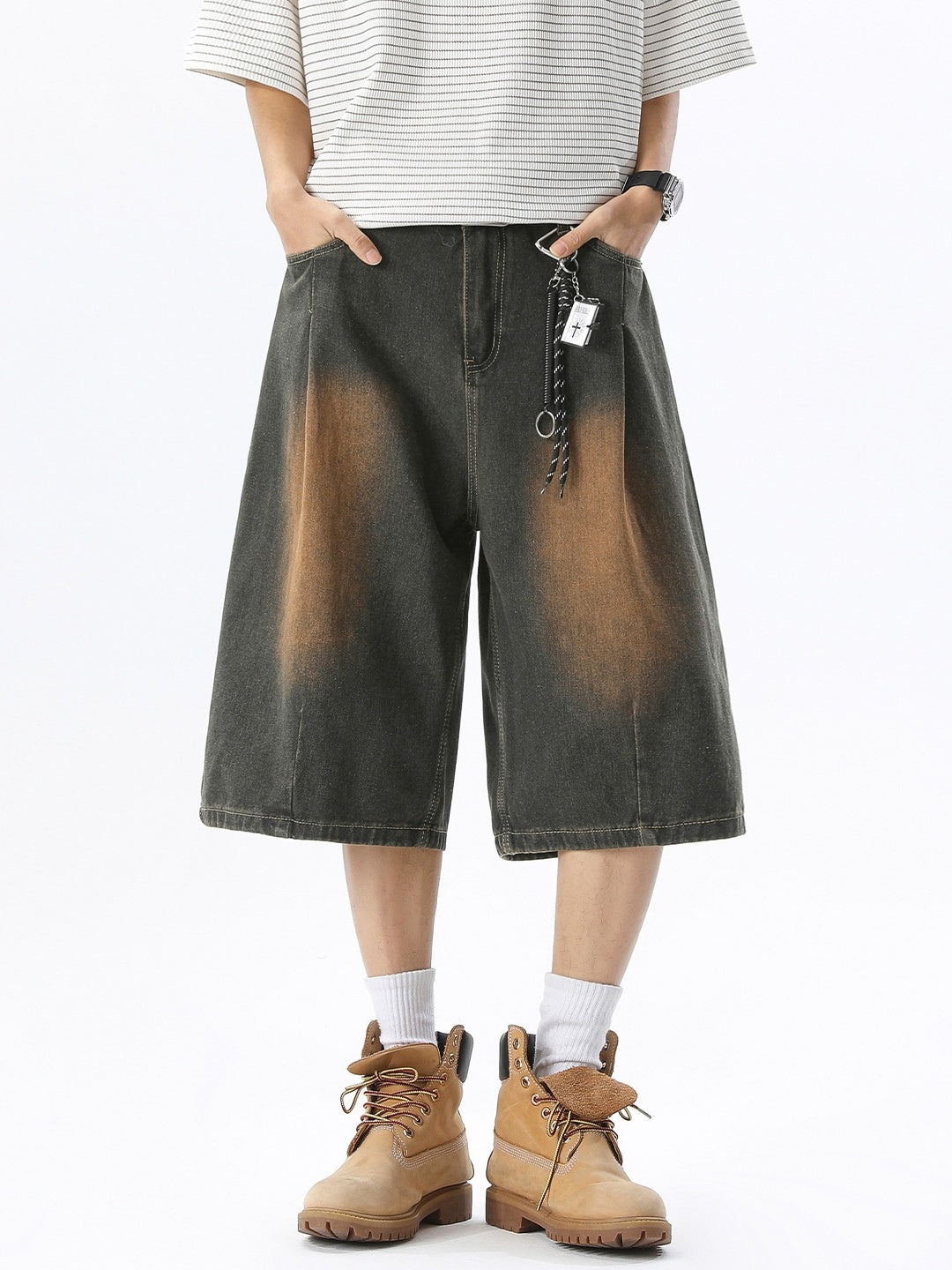 Distressed Washed Gathering 7 Points Denim Shorts