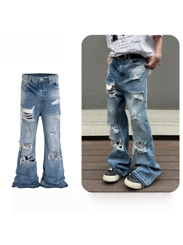 Retro Washed Cat Whiskers Hole Micro Loudspeaker Wide-leg Mopping Jeans