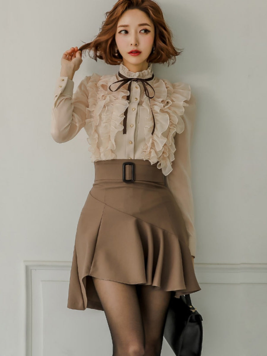 Elegant Two-piece Set: Stand-up Collar Sheer Blouse And Ruffled Skirt.
