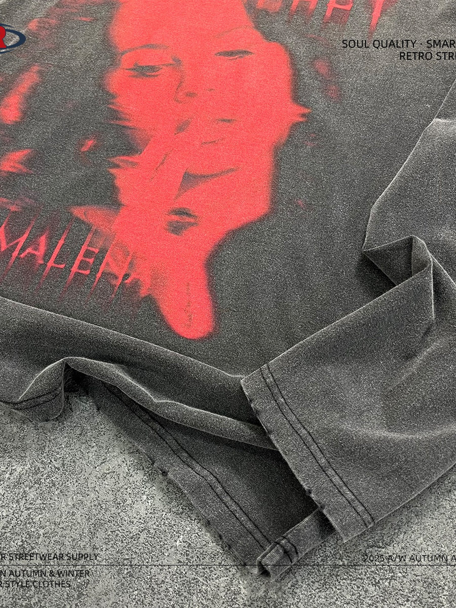 Red Avatar Pattern Wasteland Style Frayed Edge Printed Long-sleeved T-shirt