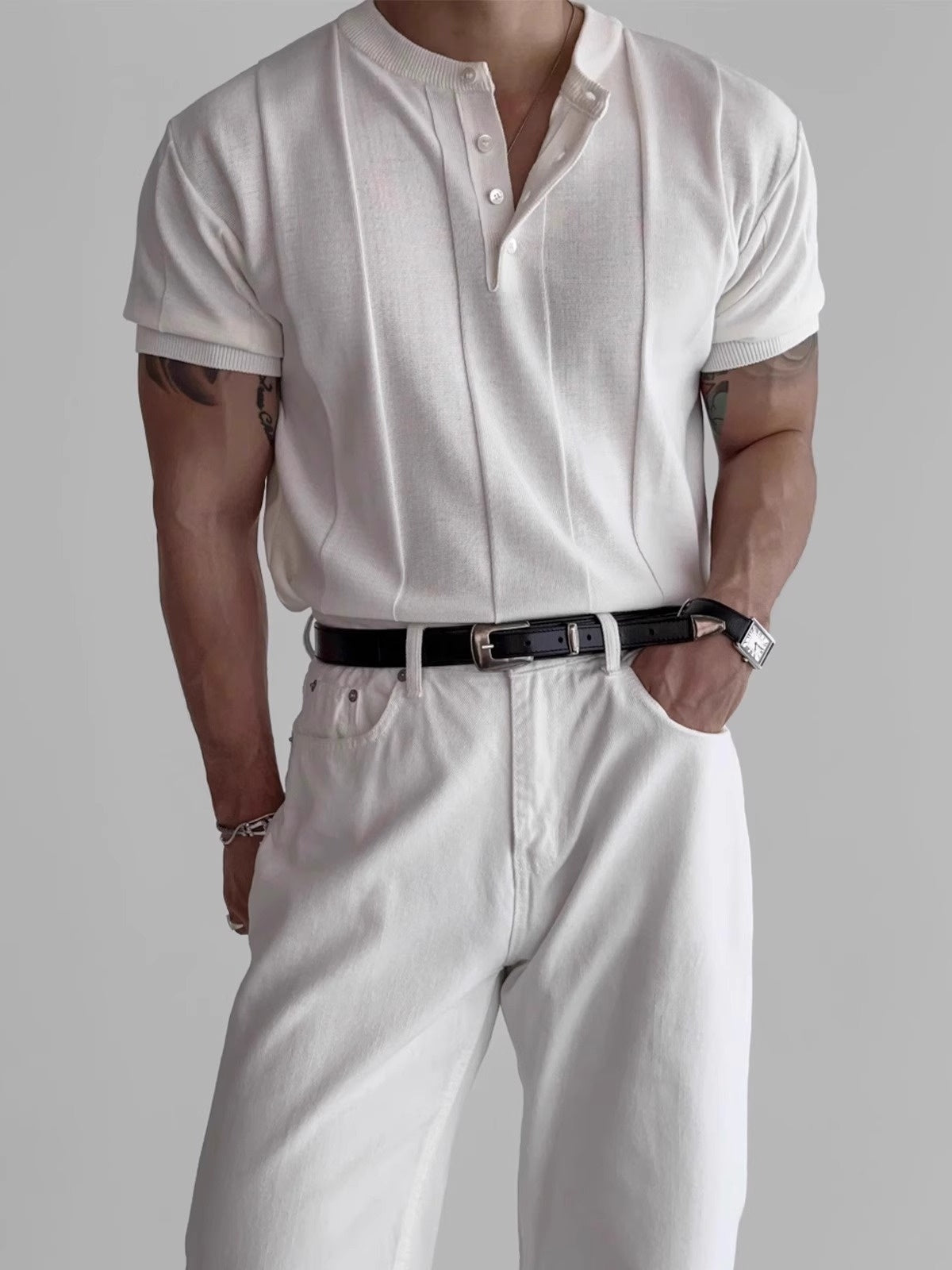 Henry's Collar Vertical Stripe Slim-fit T-shirts