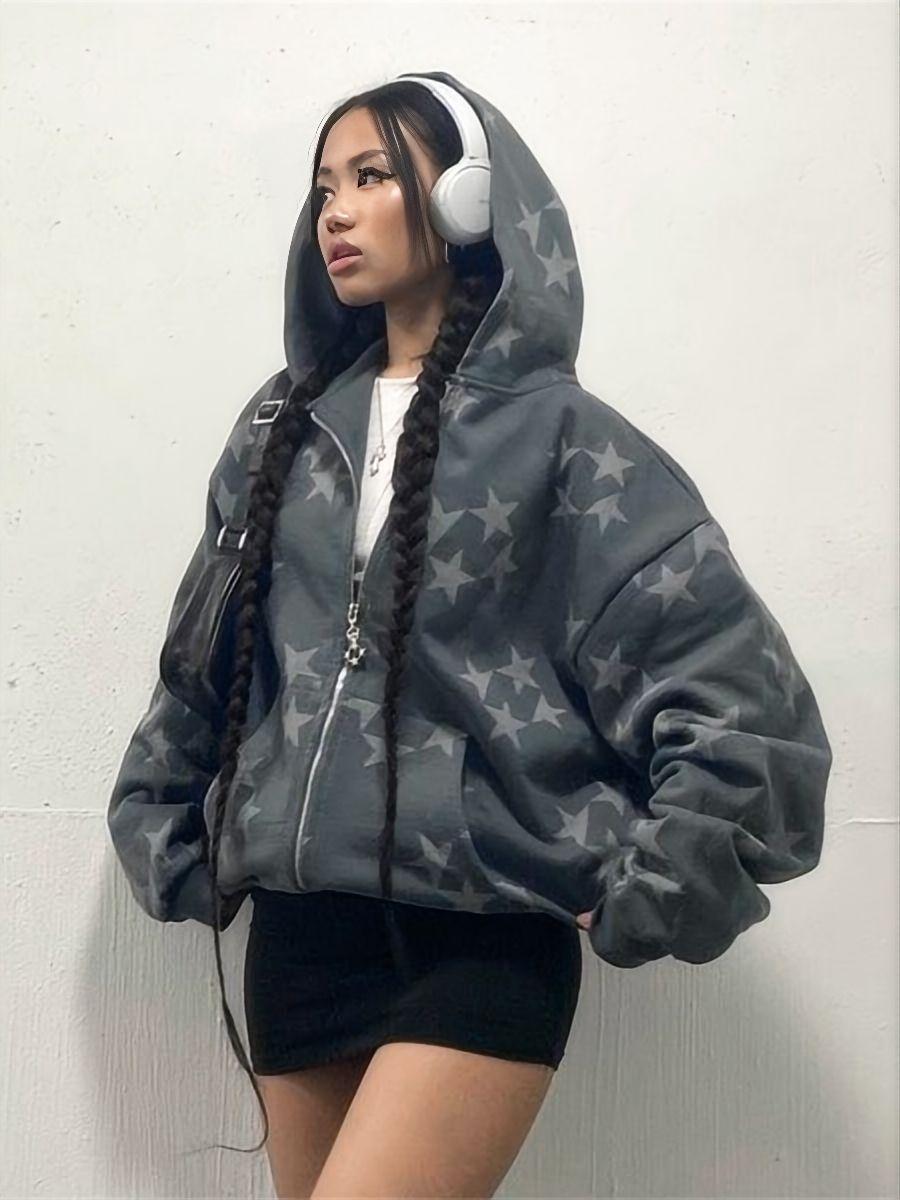 Old Star Print Zippered Loose Hooded Sweatshirt