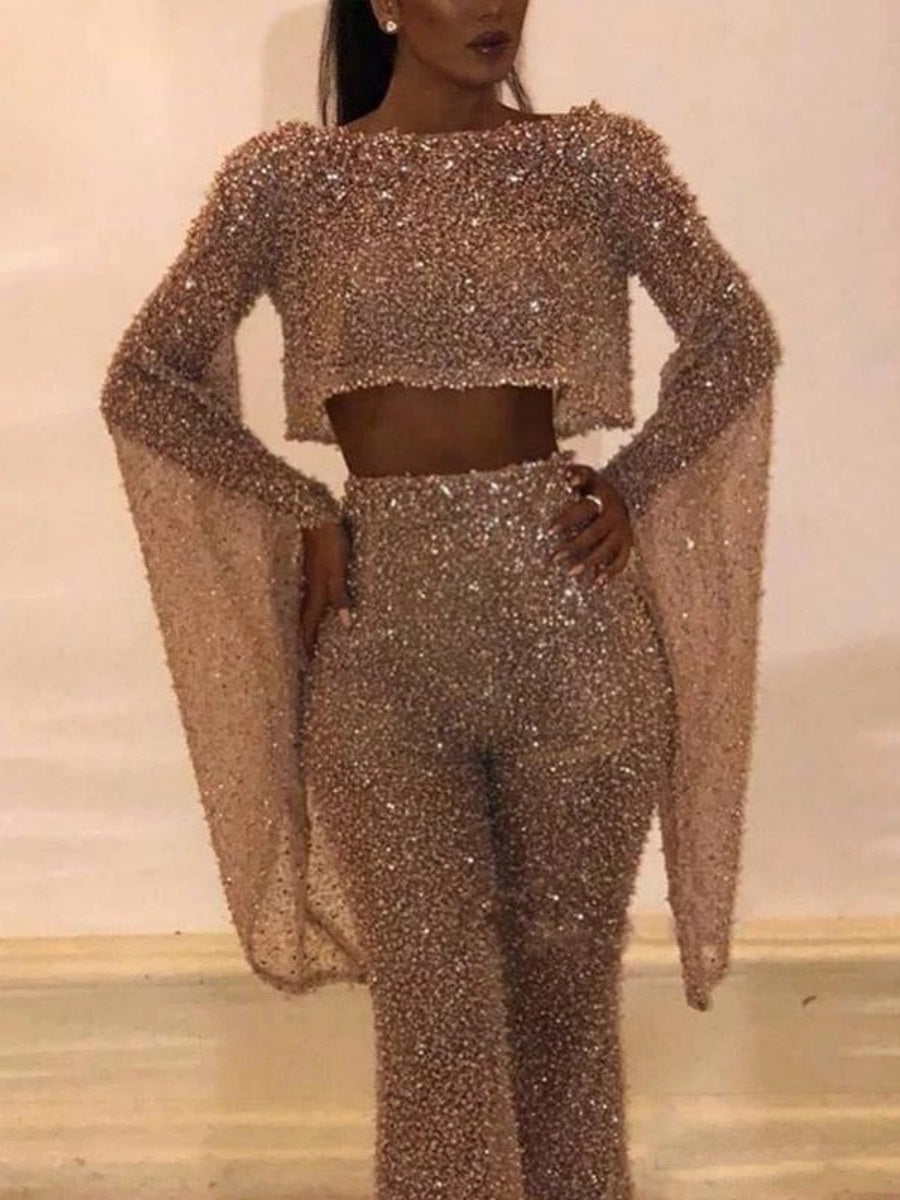 Sequins Sexy Long Sleeve Backless Bodysuit