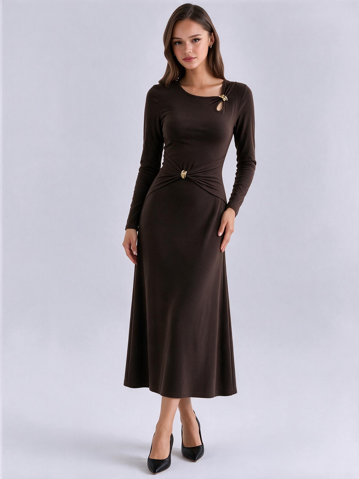 Hollow-out Design With Metallic Embellishments, Long-sleeved, Round-neck Maxi Dress