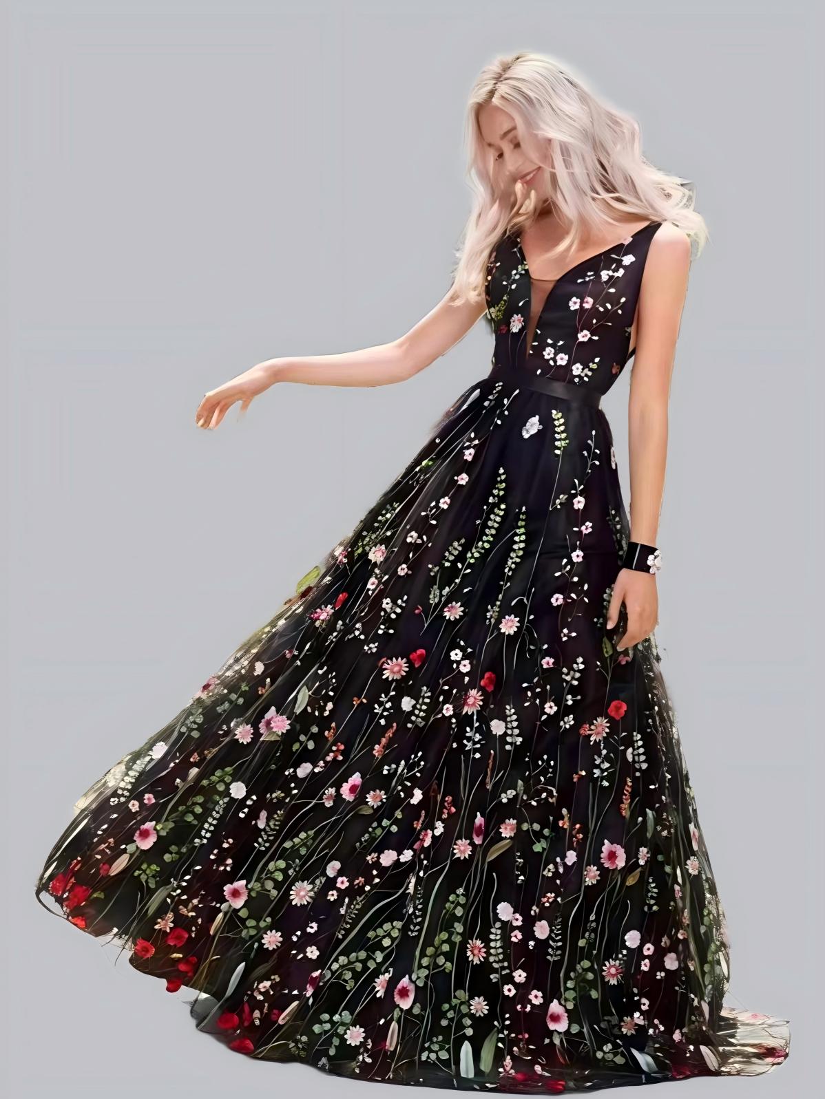 Black Deep V Sleeveless Embroidered Slim Fit Backless Large Skirt Maxi Dresses