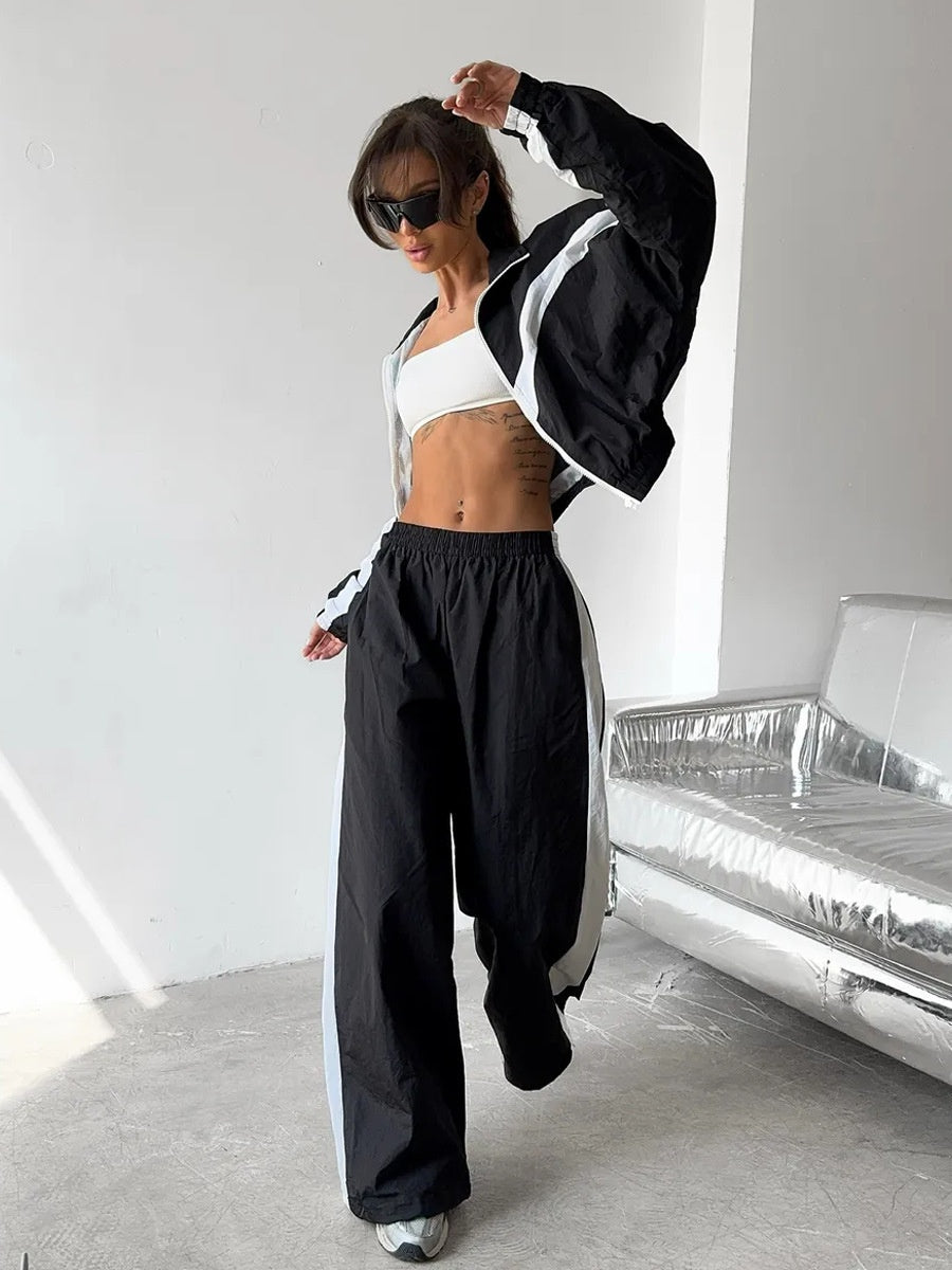 Liber Autumn women's clothing contrasting colors Sports jacket Long-sleeved two-piece suit