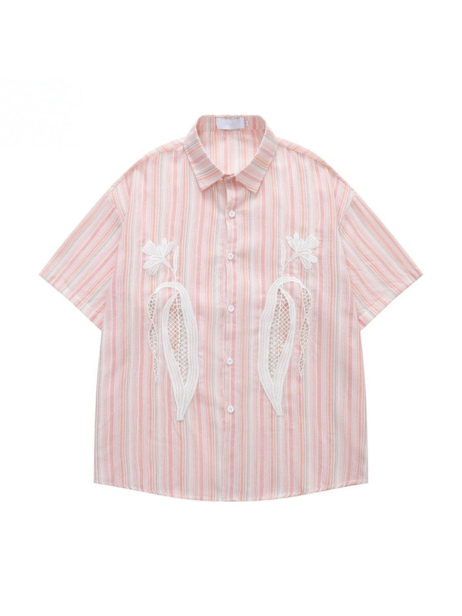 Pink Stripes Vibe Embroidery Hollow Out Shirts
