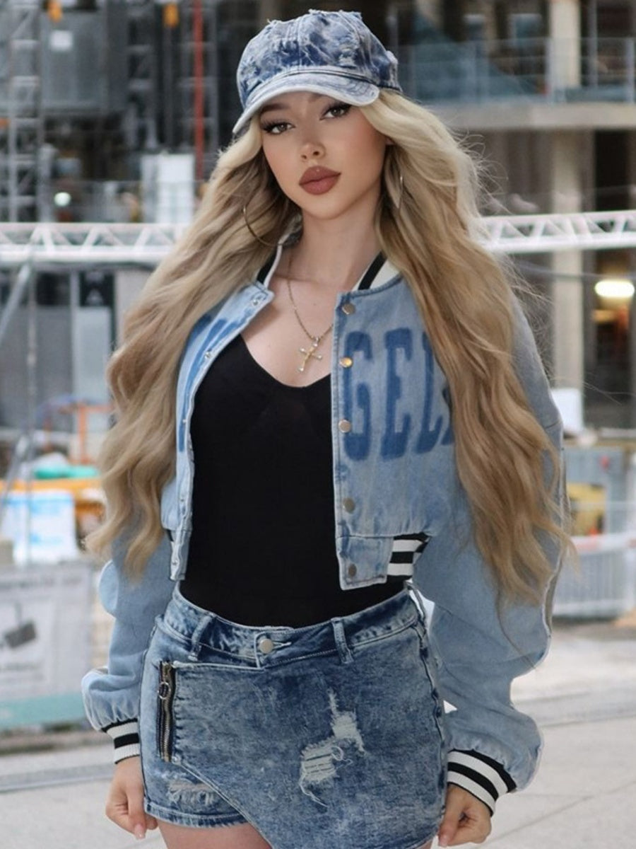 Loose Fit Baseball Jacket Letter Print Short Cut Casual Street Style Jacket