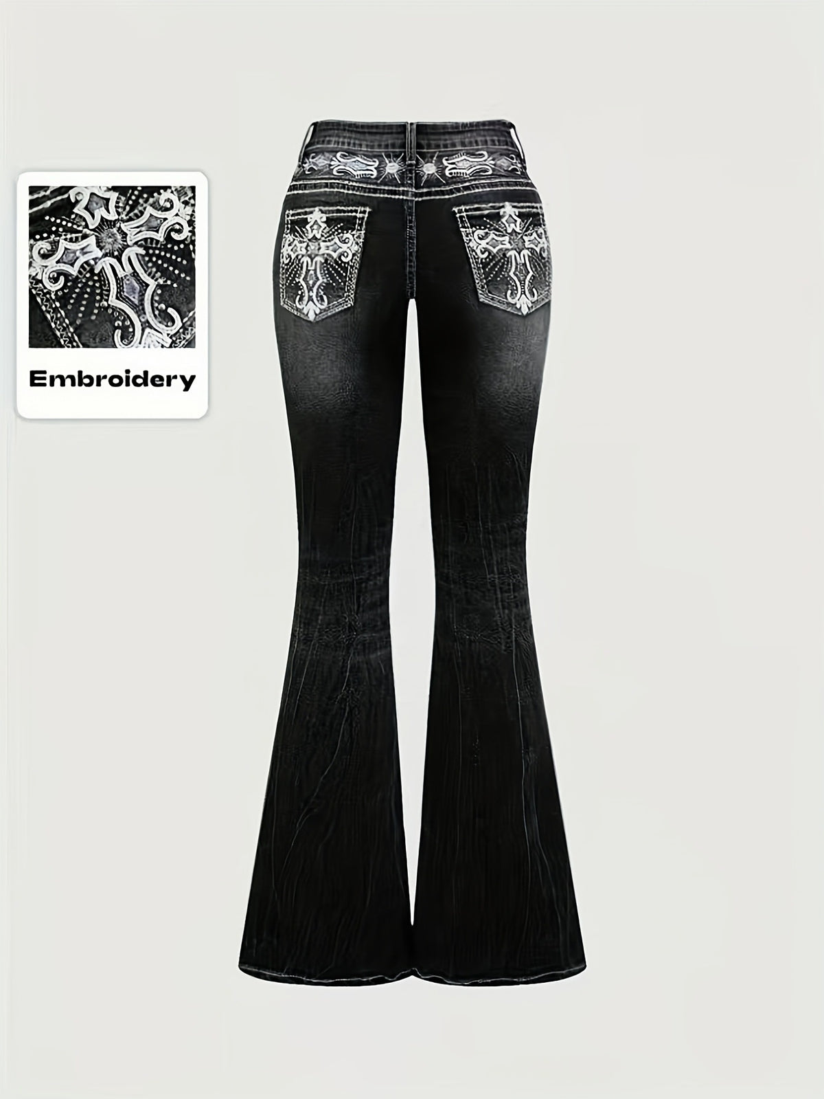Women's Autumn/Winter Dark Washed Embroidered Rhinestone Flare Jeans