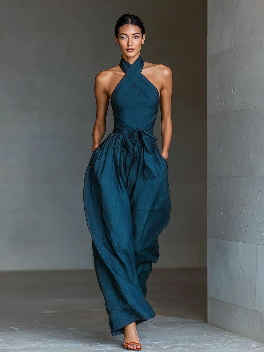 Lace-up Linen Cross-strap Wide-leg Jumpsuit