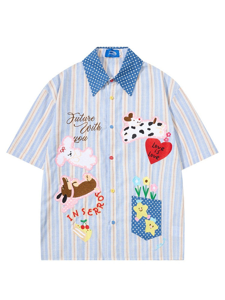 Cartoon Embroidery Vertical Stripe Hip Hop Loose-fit Color-blocked Shirts