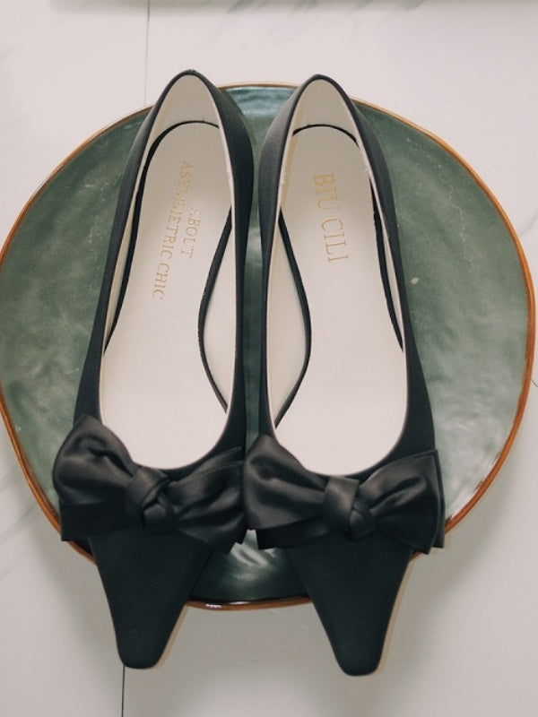 BIUCILI French-style Elegant And Romantic Pointed-toe Silk Satin Kitten Heel Flats For Early Spring.