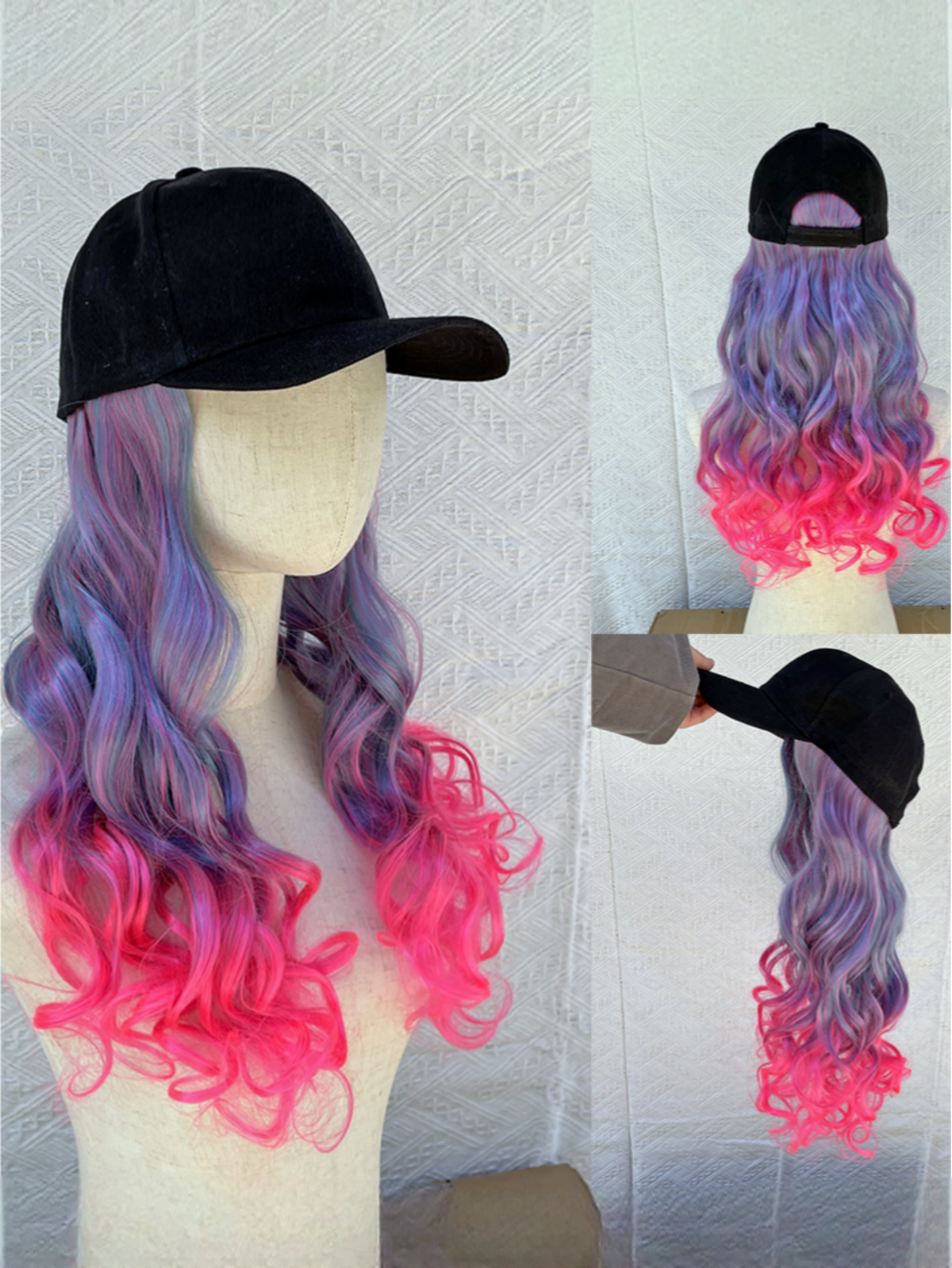 One-piece Baseball Cap Long Wavy Curls Synthetic Colored Wig