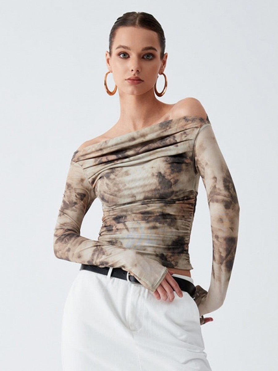 3D Printed Cropped Slim Fit T-Shirt, Retro Sexy Off-Shoulder Pleated Top