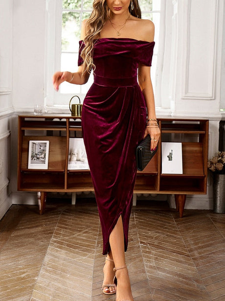 One-shoulder Collar Gathering Hip Velvet Maxi Dresses