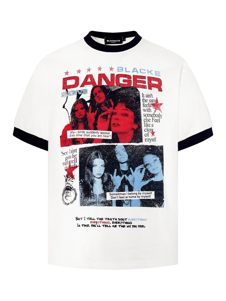 Crowd Printed Hip Hop Color-blocked Slim-fit T-shirts