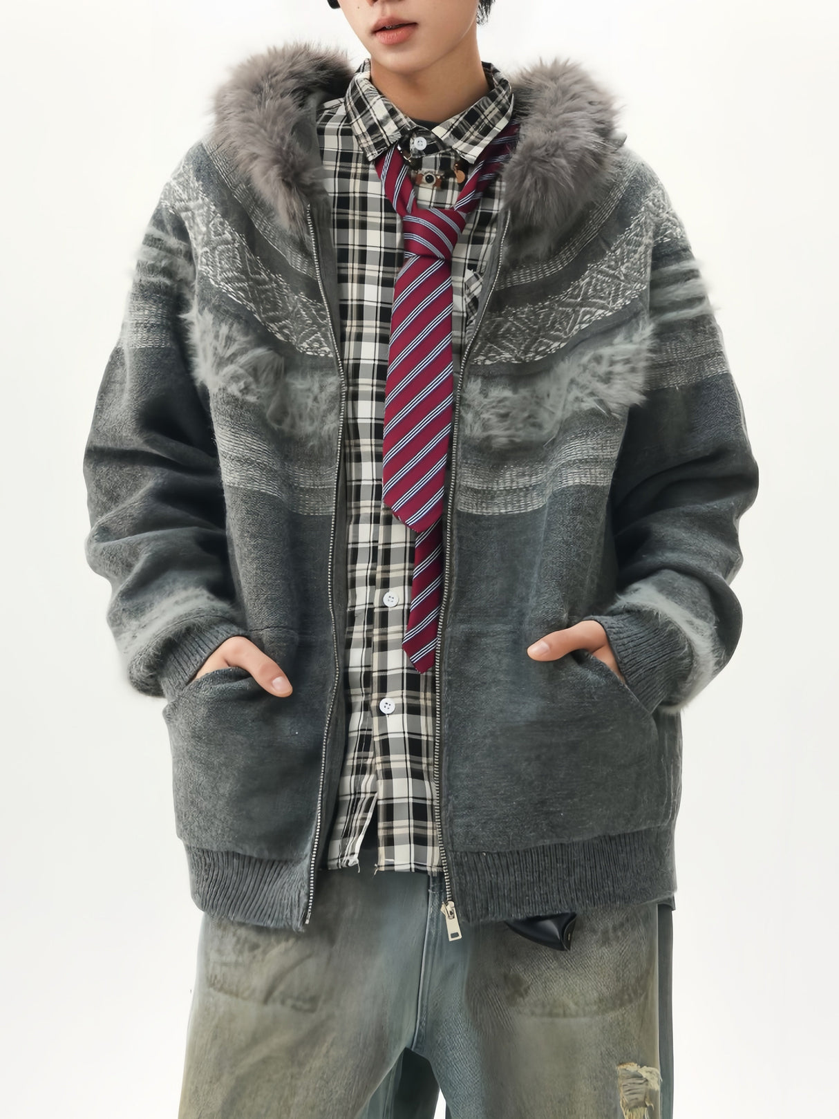 Fair Isle Pattern Fur Collar Hooded Splicing Cardigans