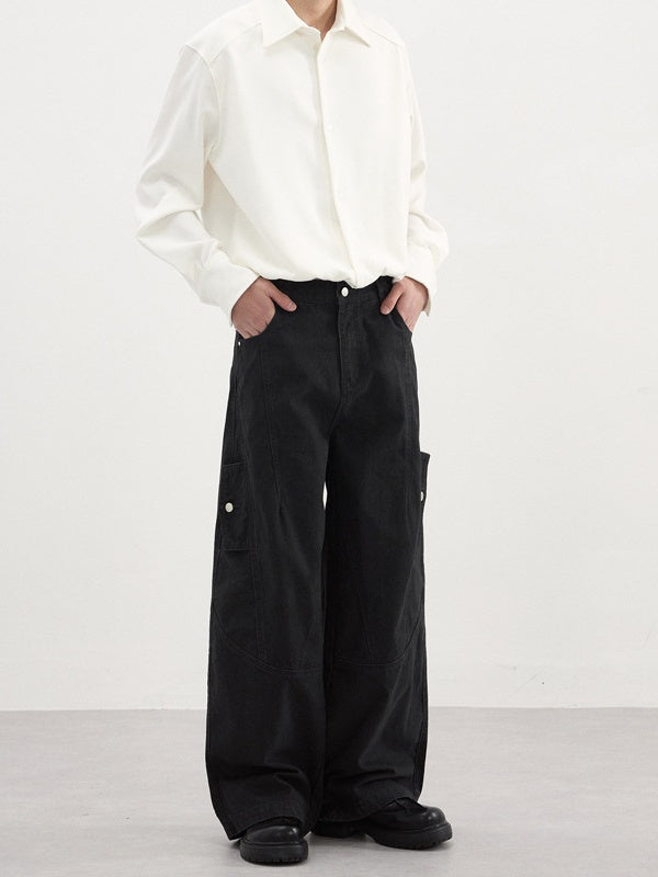 Deconstructed Double-Side-Button Vintage Baggy Straight Cargo Pants