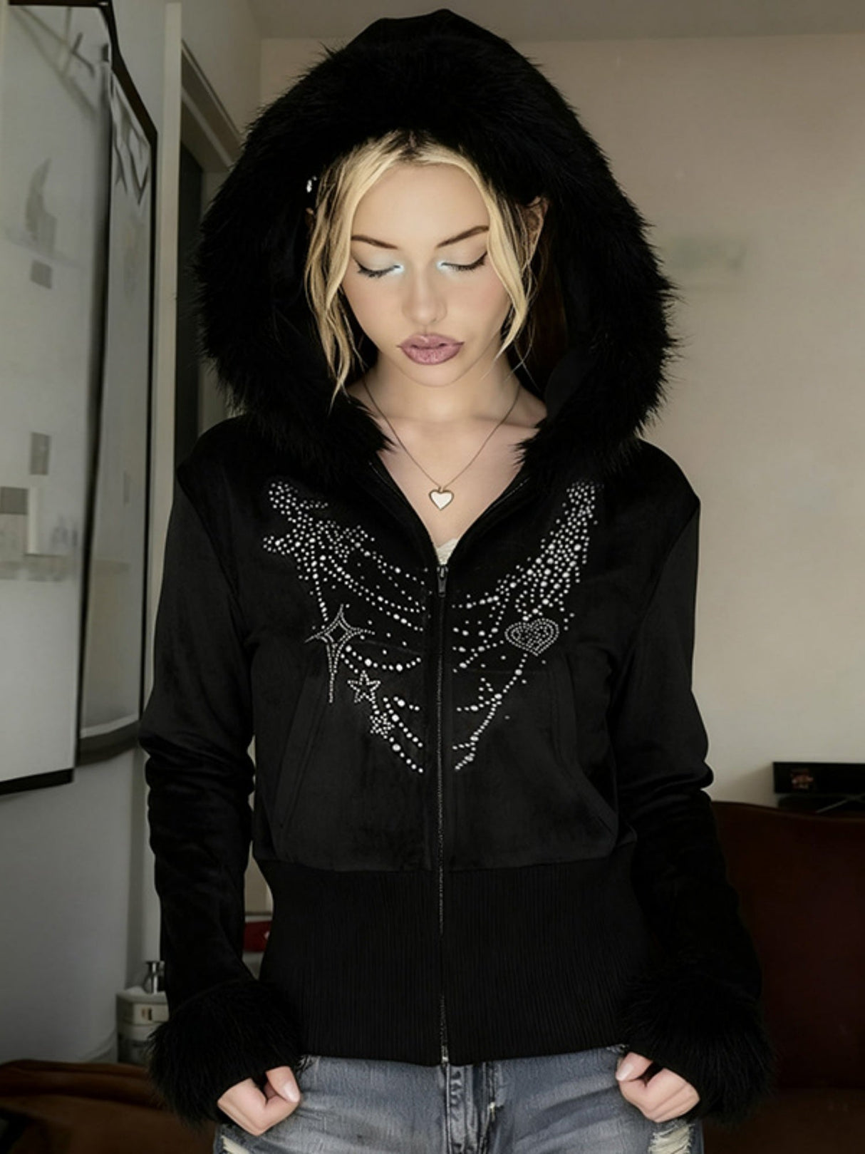 Printed Rhinestones Velvet Plush Patchwork Hoodies Zipper Cardigan