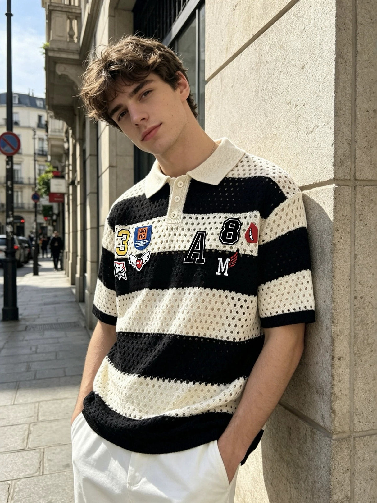 College Style Stripes Hollow Out Badge Embroidery POLO Shirt