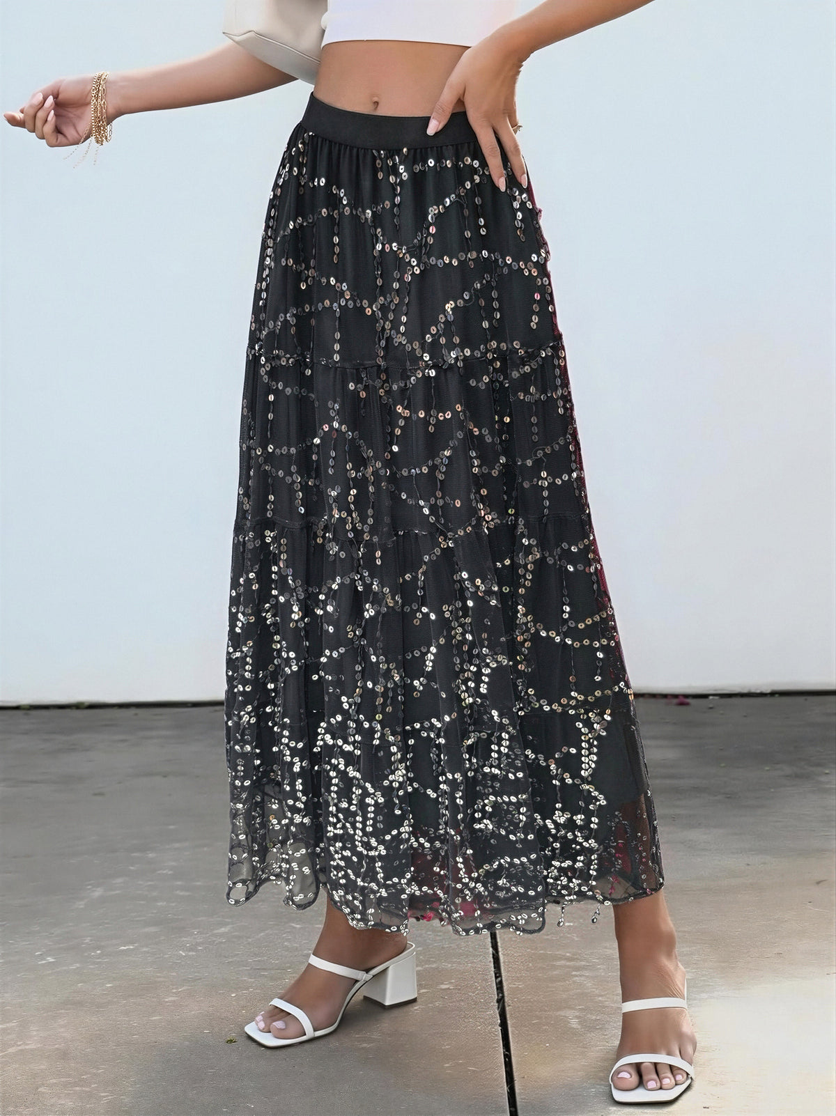 Black Sequined A-line Skirt