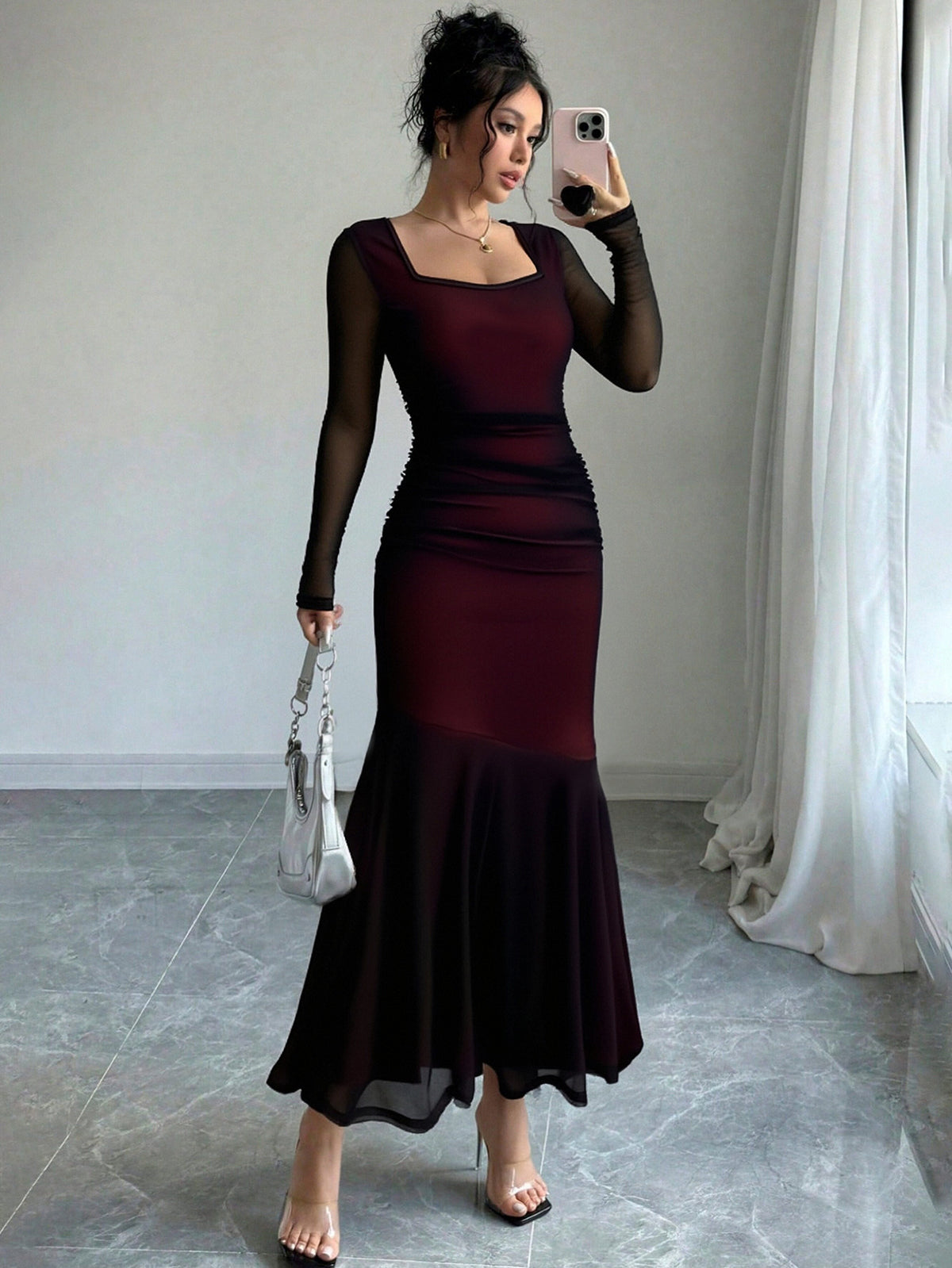 Burgundy Sheer Long-sleeved Square-neck Fitted Long Dress