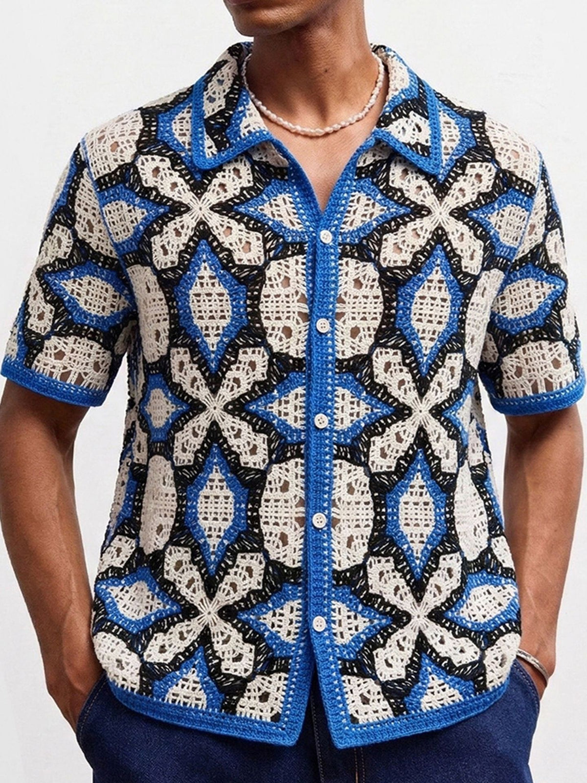 Geometry Jacquard Hollow Knitting Vacation Polo Shirts