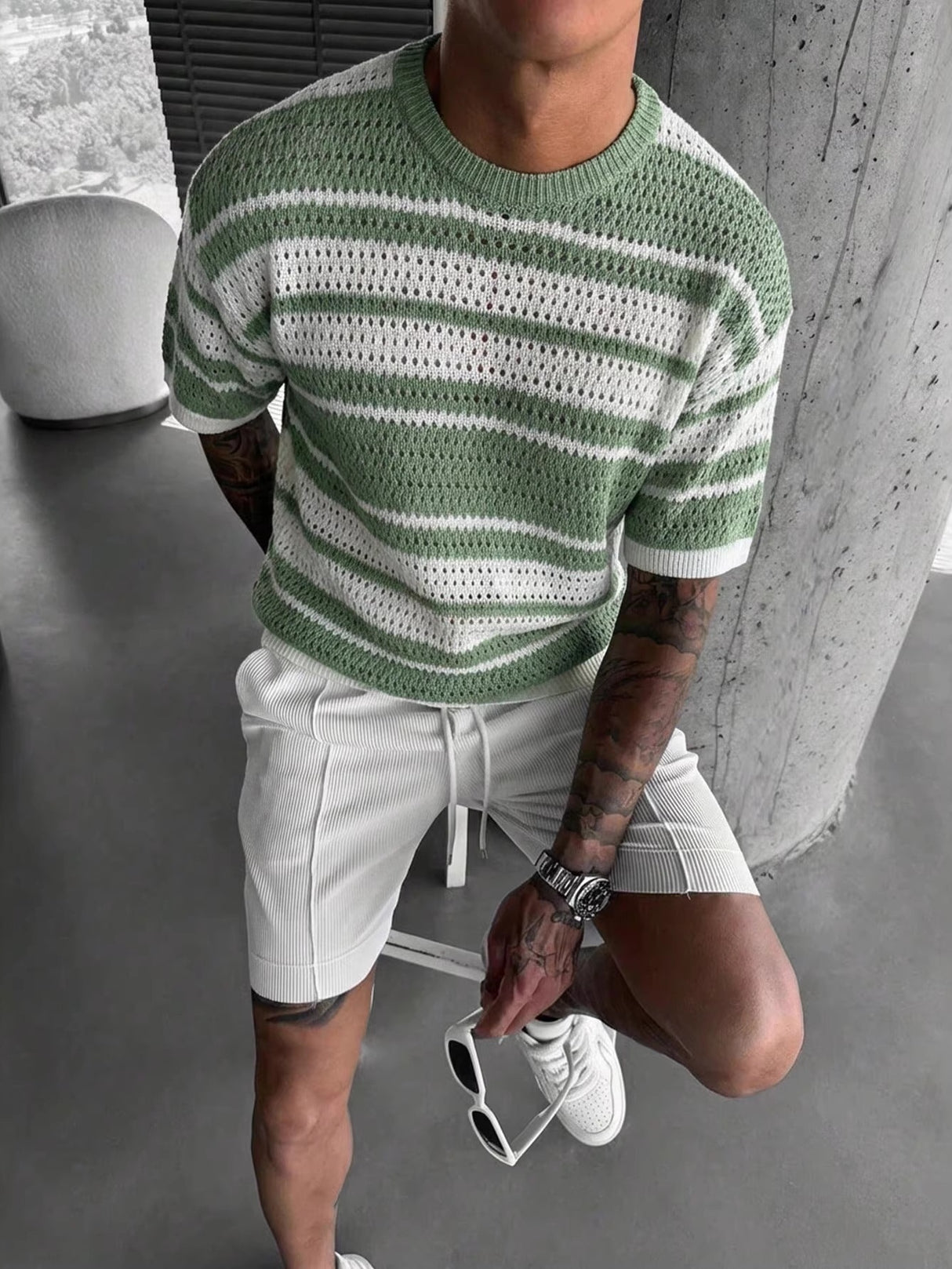 Hollow Out Color-blocked Retro Stripes Knitting T-shirts
