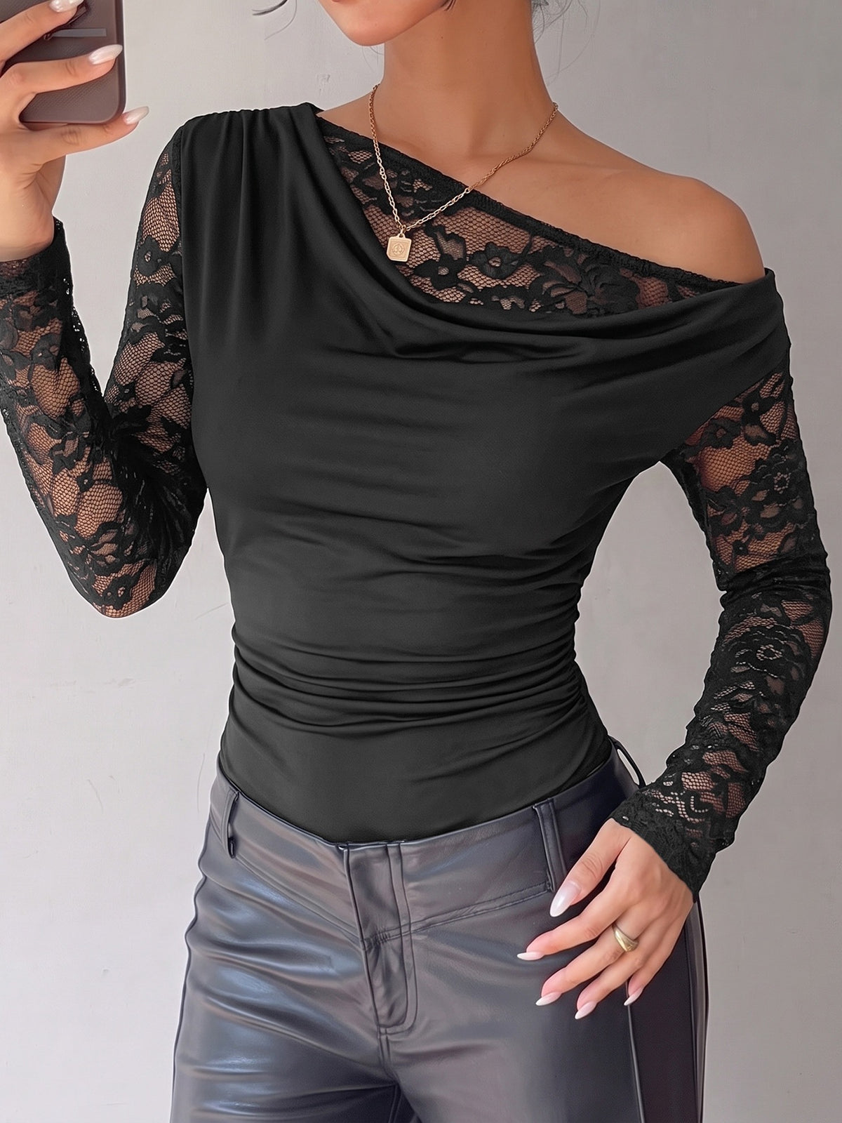 Lace-trimmed Off-shoulder Slim-fit See-through Bodysuit