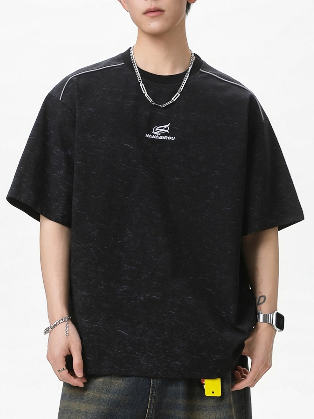 Reflective Strips Letter Applique Loose-fit Distressed T-shirts