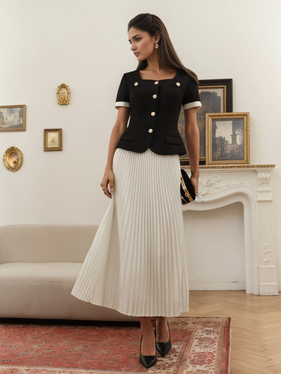 French Color-blocked Top Pleated Skirt Leisure Two-piece Suit