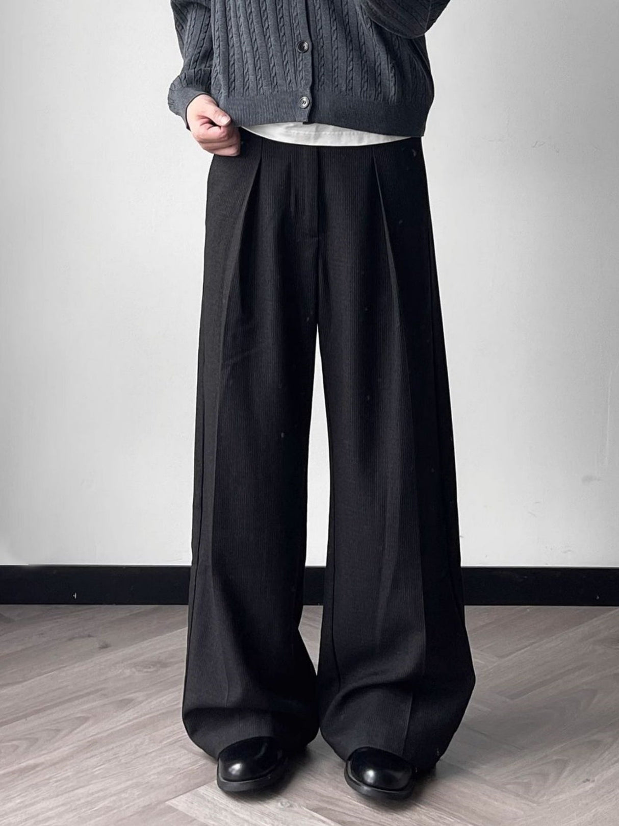 Wool-Blend Houndstooth-Stripe Pleated A-Line Wide-Leg Trousers