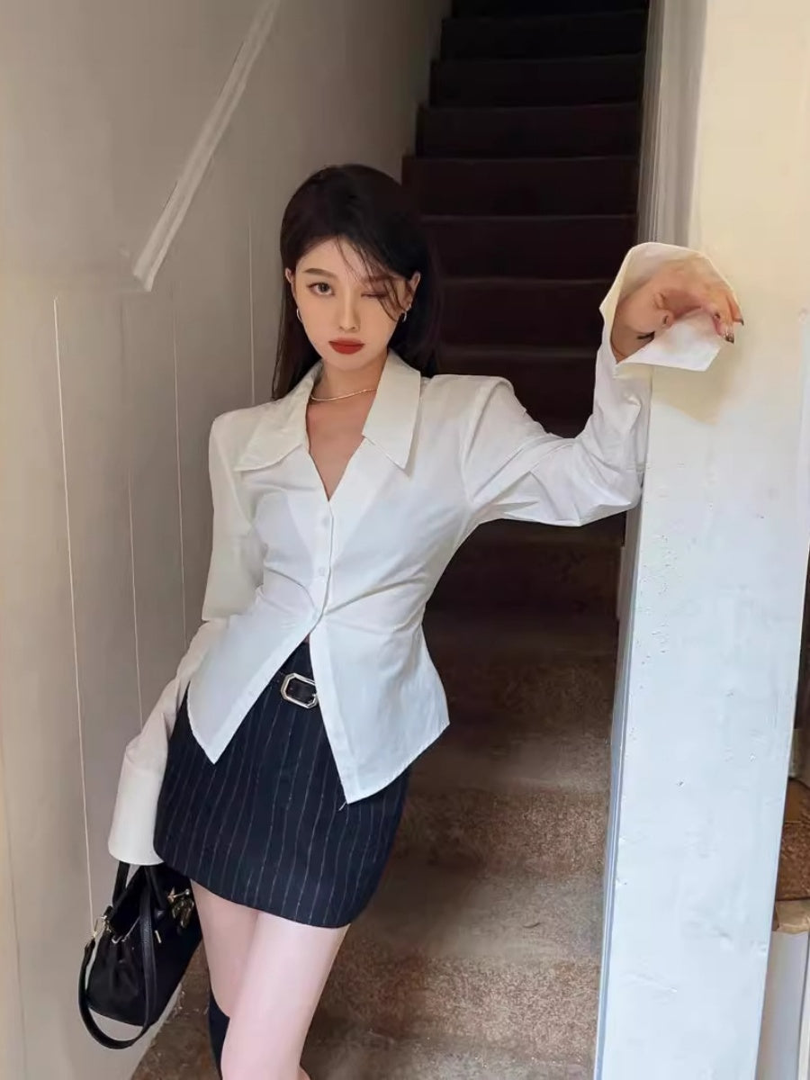 White Collared Long-sleeved Shirt For Women, Slim Fit, Waist-cinching Design, Unique And Stylish Top.
