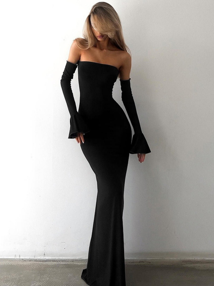Off-shoulder Long Sleeves Hip-hugging Bodycon Long Dress