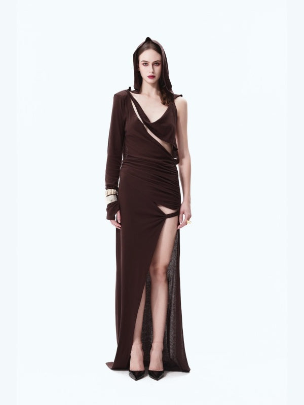 Padded-shoulder Hooded Slit Maxi Skirt