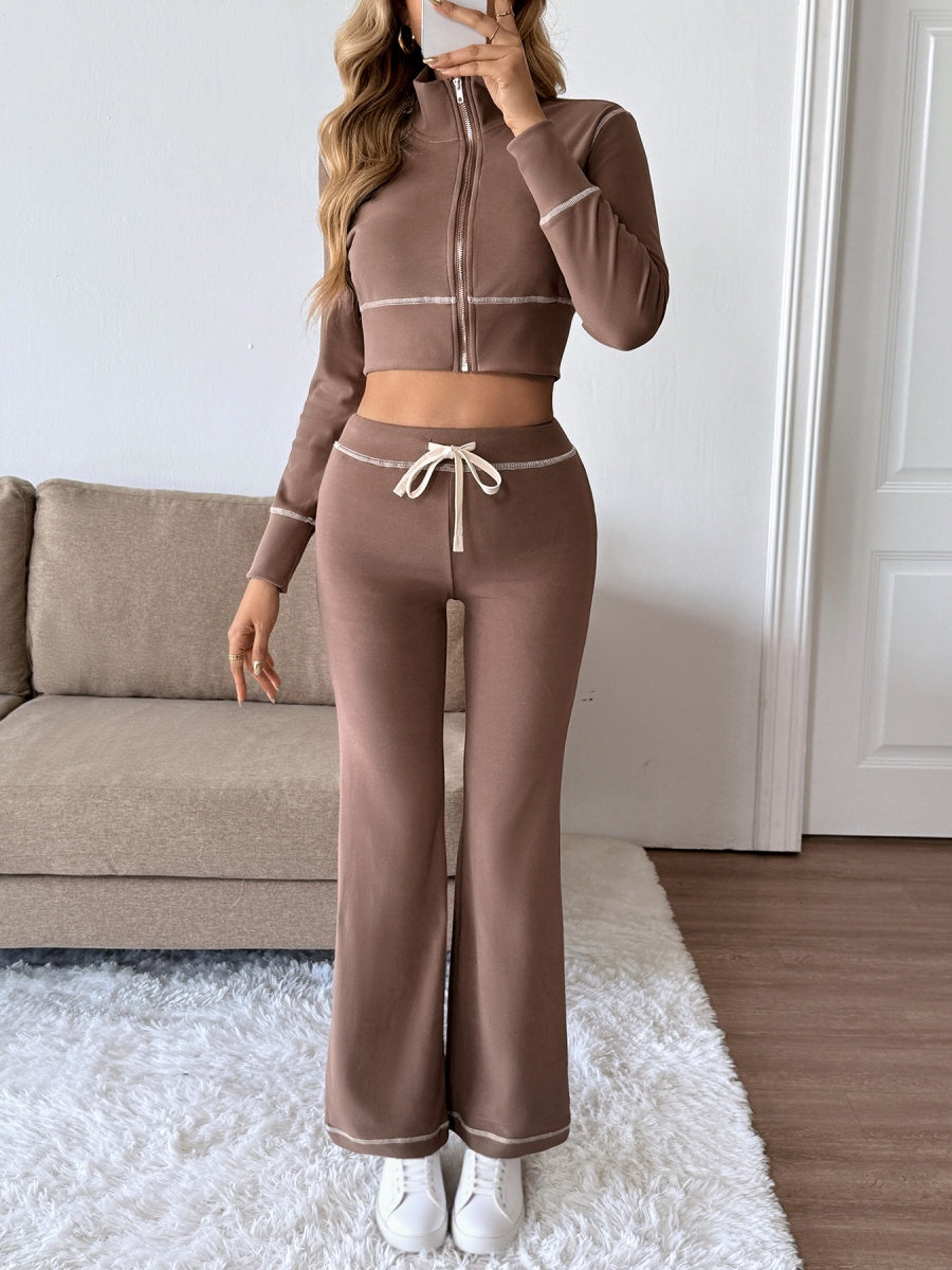 Short Cardigan Coffee brown zipper trousers Knitted two-piece suit
