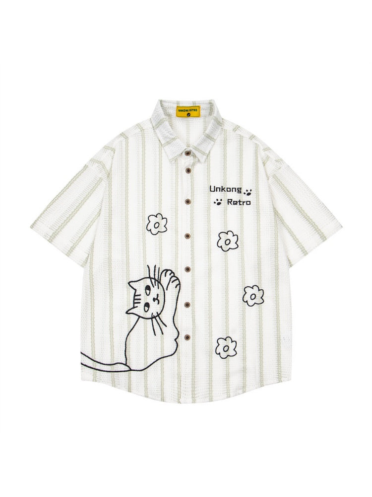 Cartoon Kitten Embroidery Vertical Stripe Loose-fit Vibe Breathable Shirts