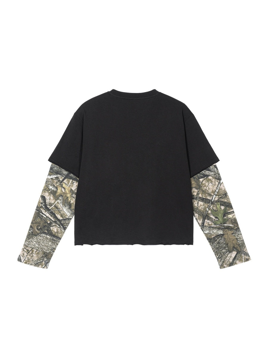 Retro Camouflage Layered-look Cropped Loose-fit T-shirts