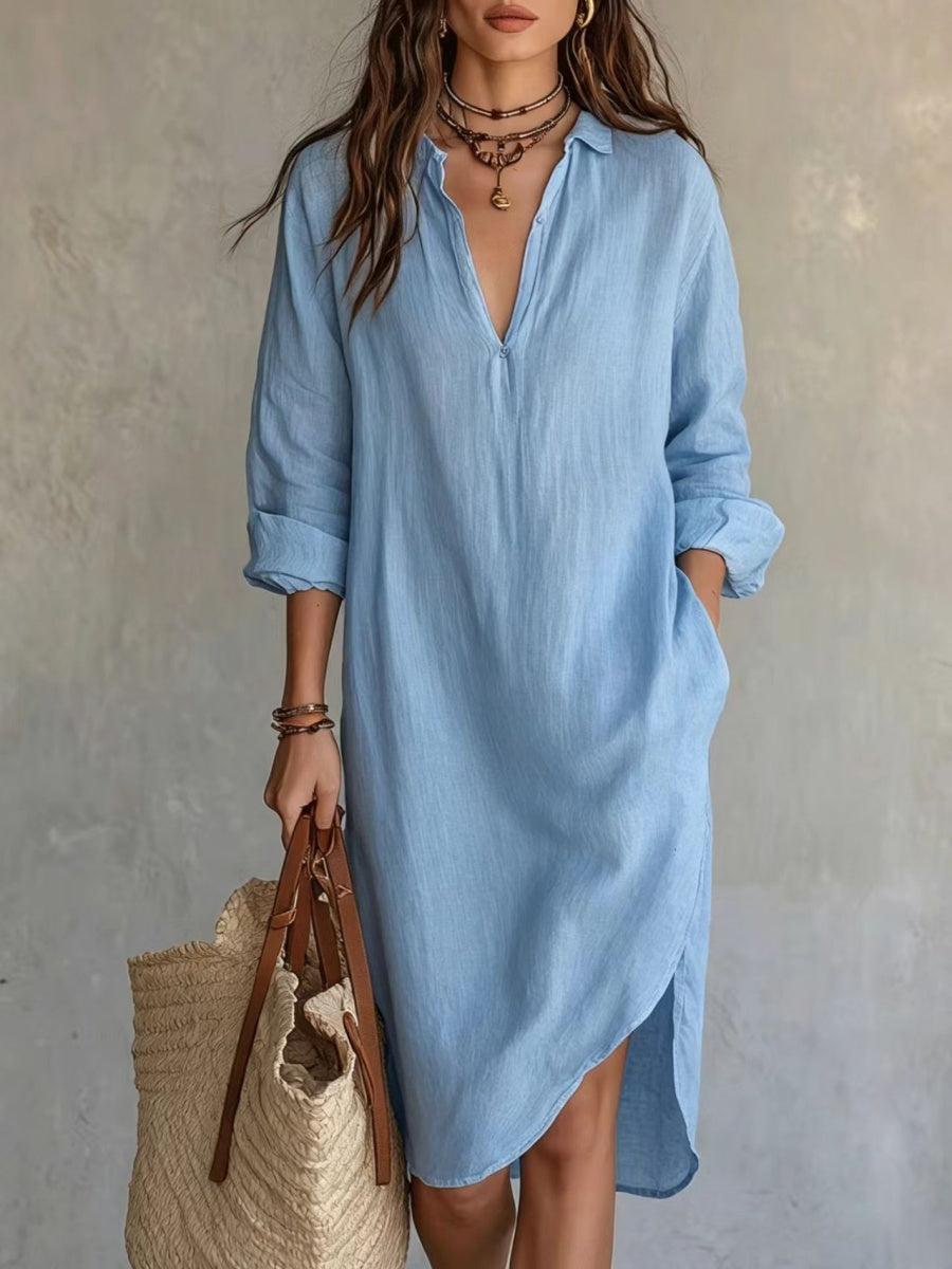 Loose-fitting Mid-length French Linen Shirt Dress With Slits