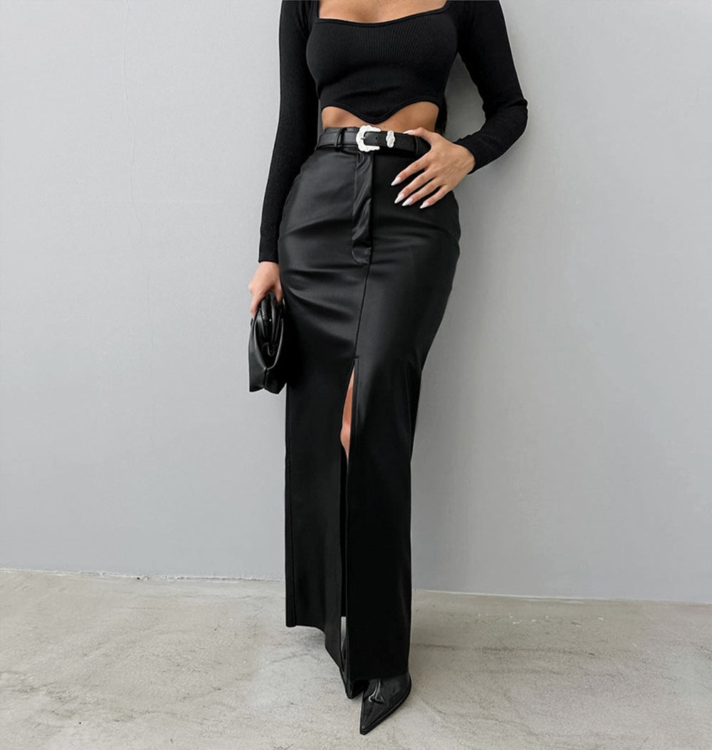 Slit Solid Color High Waist Simple Leather Slim Fit Midi Skirt