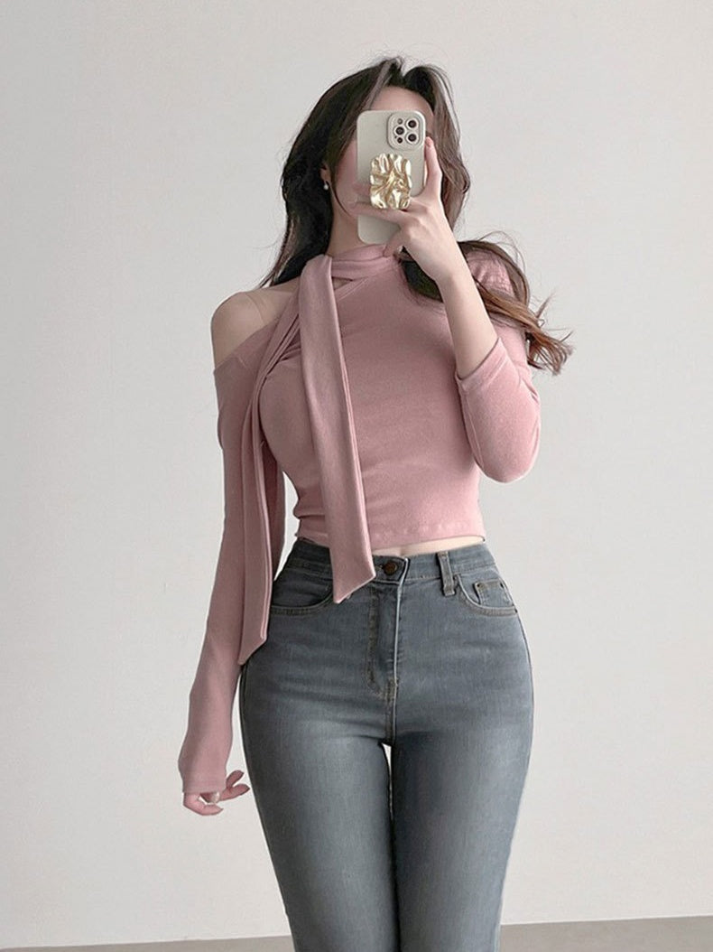 Elegant Tie-neck Fitted Long-sleeved T-shirt