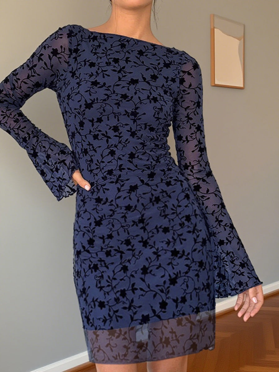 Long-sleeved Flocking Print Elastic Short Dress