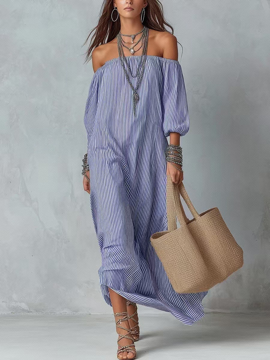 Striped Off-shoulder Loose-fitting Vacation Style Maxi Dresses