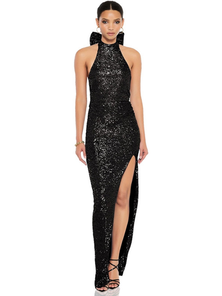 Sequined Large Bow Halter Neck Backless Parties Maxi Dresses